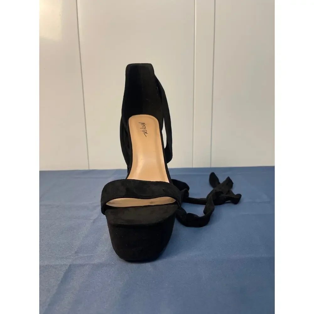 Nasty‎ Gal Lace Up Open Toe Velvet Platform Pumps Color Black Size 8 Pre-Owned